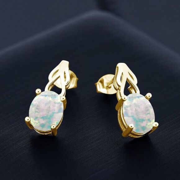 18K Yellow Gold 925 with 1.20 Cttw White Opal Oval Post Back Drop Earrings - Picture 2 of 4
